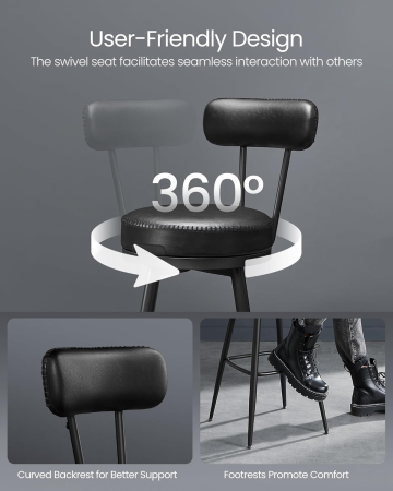 VASAGLE set 2 scaune de bar rotative 360°, cu spatar, inaltime 101 cm, piele sintetica, cadru otel, stil modern, negru [1]