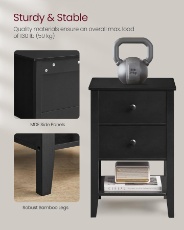 VASAGLE Set de 2 noptiere din bambus, cu 2 sertare, 35x40x60 cm, negru [4]