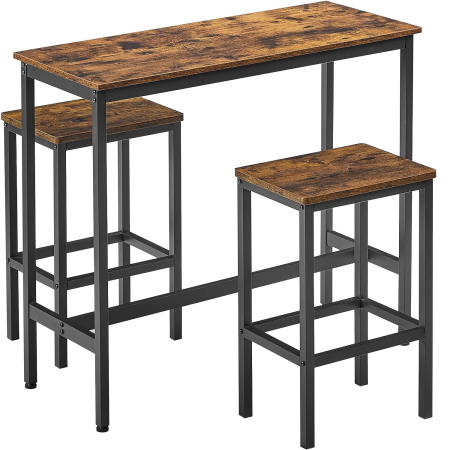 Mese living si bucatarie - VASAGLE Set masa de bar cu 2 scaune, cadru din otel, blat lemn, design industrial, 100x40x90cm, maro rustic si negru