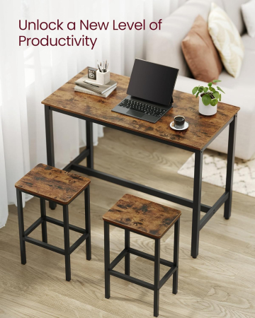 VASAGLE Set masa de bar cu 2 scaune, cadru din otel, blat lemn, stil industrial, 120x60x90cm, maro rustic [5]