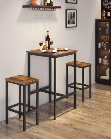 VASAGLE Set masa si scaune de bar, masa 60x60x90cm si 2 scaune 30x40x65cm, stil industrial, maro rustic [2]