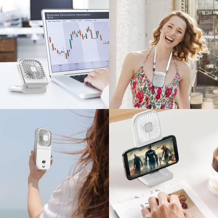 Ventilator Portabil , 3 in 1, de Mana, de Gat, de Birou, 16.7 x 8 x 1.9 cm, 3 Trepte de Viteza, Incarcare USB, Pliabil, Afisaj Digital, Suport Telefon, Alb [8]