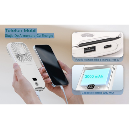 Ventilator Portabil , 3 in 1, de Mana, de Gat, de Birou, 16.7 x 8 x 1.9 cm, 3 Trepte de Viteza, Incarcare USB, Pliabil, Afisaj Digital, Suport Telefon, Alb [3]