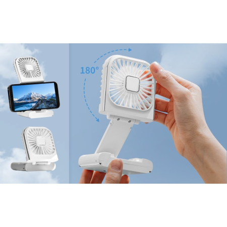 Ventilator Portabil , 3 in 1, de Mana, de Gat, de Birou, 16.7 x 8 x 1.9 cm, 3 Trepte de Viteza, Incarcare USB, Pliabil, Afisaj Digital, Suport Telefon, Alb [7]