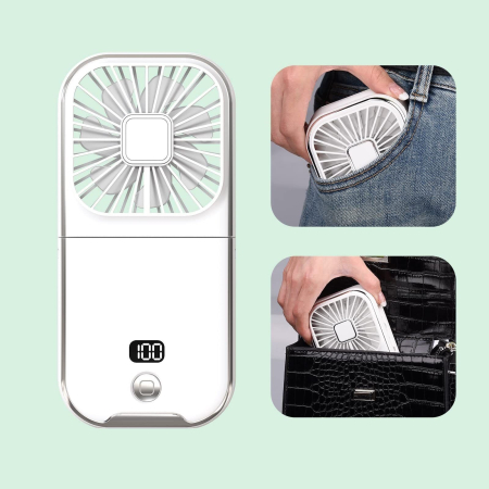 Ventilator Portabil , 3 in 1, de Mana, de Gat, de Birou, 16.7 x 8 x 1.9 cm, 3 Trepte de Viteza, Incarcare USB, Pliabil, Afisaj Digital, Suport Telefon, Alb [1]