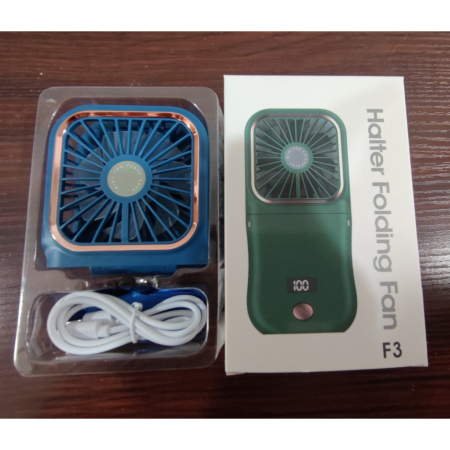 Ventilator Portabil , 3 in 1, de Mana, de Gat, de Birou, 16.7 x 8 x 1.9 cm, 3 Trepte de Viteza, Incarcare USB, Pliabil, Afisaj Digital, Suport Telefon, Albastru [6]