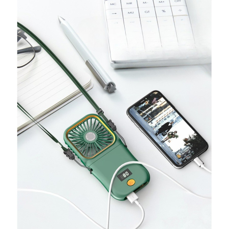 Ventilator Portabil , 3 in 1, de Mana, de Gat, de Birou, 16.7 x 8 x 1.9 cm, 3 Trepte de Viteza, Incarcare USB, Pliabil, Afisaj Digital, Suport Telefon, Verde [4]