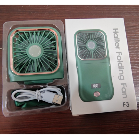 Ventilator Portabil , 3 in 1, de Mana, de Gat, de Birou, 16.7 x 8 x 1.9 cm, 3 Trepte de Viteza, Incarcare USB, Pliabil, Afisaj Digital, Suport Telefon, Verde [5]