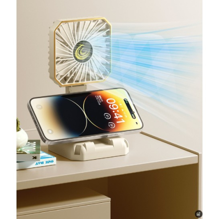 Ventilator Portabil, , de Gat, de Birou, Suport Telefon, 14 x 7 cm, Incarcare USB, din ABS, 3 Viteze, Bej [6]