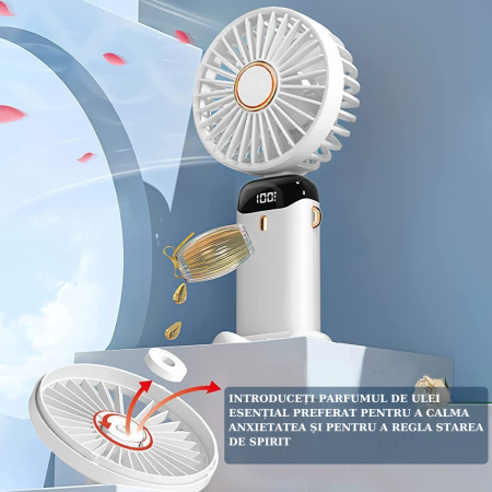 Ventilator Ultra Portabil cu Aromaterapie, , 3 in 1, de Mana, de Birou, de Gat, 5 Trepte de Viteza, Incarcare USB, Autonomie 12h, Pliabil, cu Ecran LCD, Alb [9]