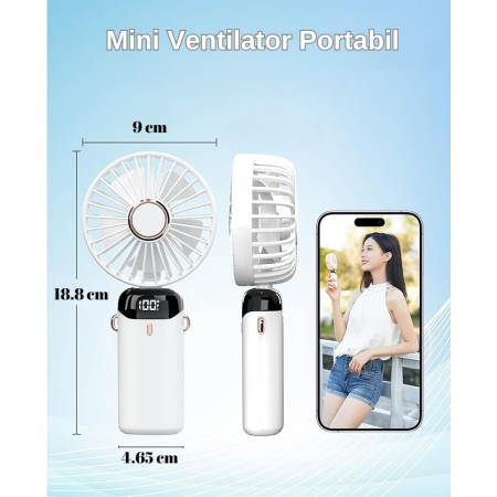 Ventilator Ultra Portabil cu Aromaterapie, , 3 in 1, de Mana, de Birou, de Gat, 5 Trepte de Viteza, Incarcare USB, Autonomie 12h, Pliabil, cu Ecran LCD, Alb [10]