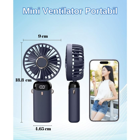 Ventilator Ultra Portabil cu Aromaterapie, , 3 in 1, de Mana, de Birou, de Gat, 5 Trepte de Viteza, Incarcare USB, Autonomie 12h, Pliabil, cu Ecran LCD, Albastru [3]