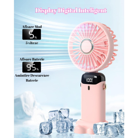 Ventilator Ultra Portabil cu Aromaterapie, , 3 in 1, de Mana, de Birou, de Gat, 5 Trepte de Viteza, Incarcare USB, Autonomie 12h, Pliabil, cu Ecran LCD, Roz [6]