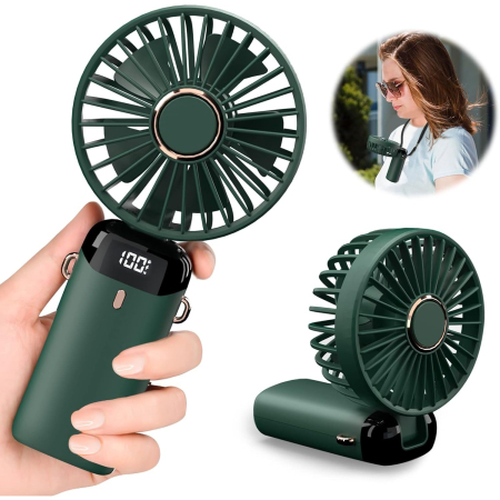 Ventilator Ultra Portabil cu Aromaterapie, , 3 in 1, de Mana, de Birou, de Gat, 5 Trepte de Viteza, Incarcare USB, Autonomie 12h, Pliabil, cu Ecran LCD, Verde [3]