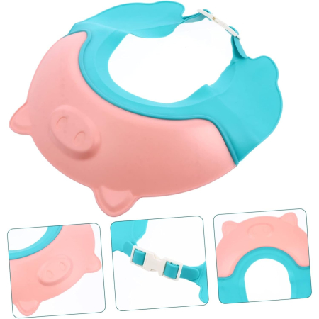 Viziera de Protectie Baie Pentru Copii, Fippy, Model Purcelus, Dimensiune ajustabila, Durabil, Usor de curatat, Impotriva Samponului, pentru Ochi si Urechi, TPE+PP, 23x23 cm, Roz [1]