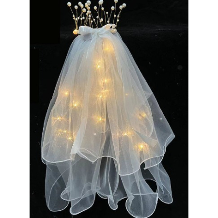 Voal Luminos cu Coronita, , Lumina Alb Cald, pentru Serbari Copii, Petrecerea Burlacitelor, Marime universala, Lumina LED, Alb [4]