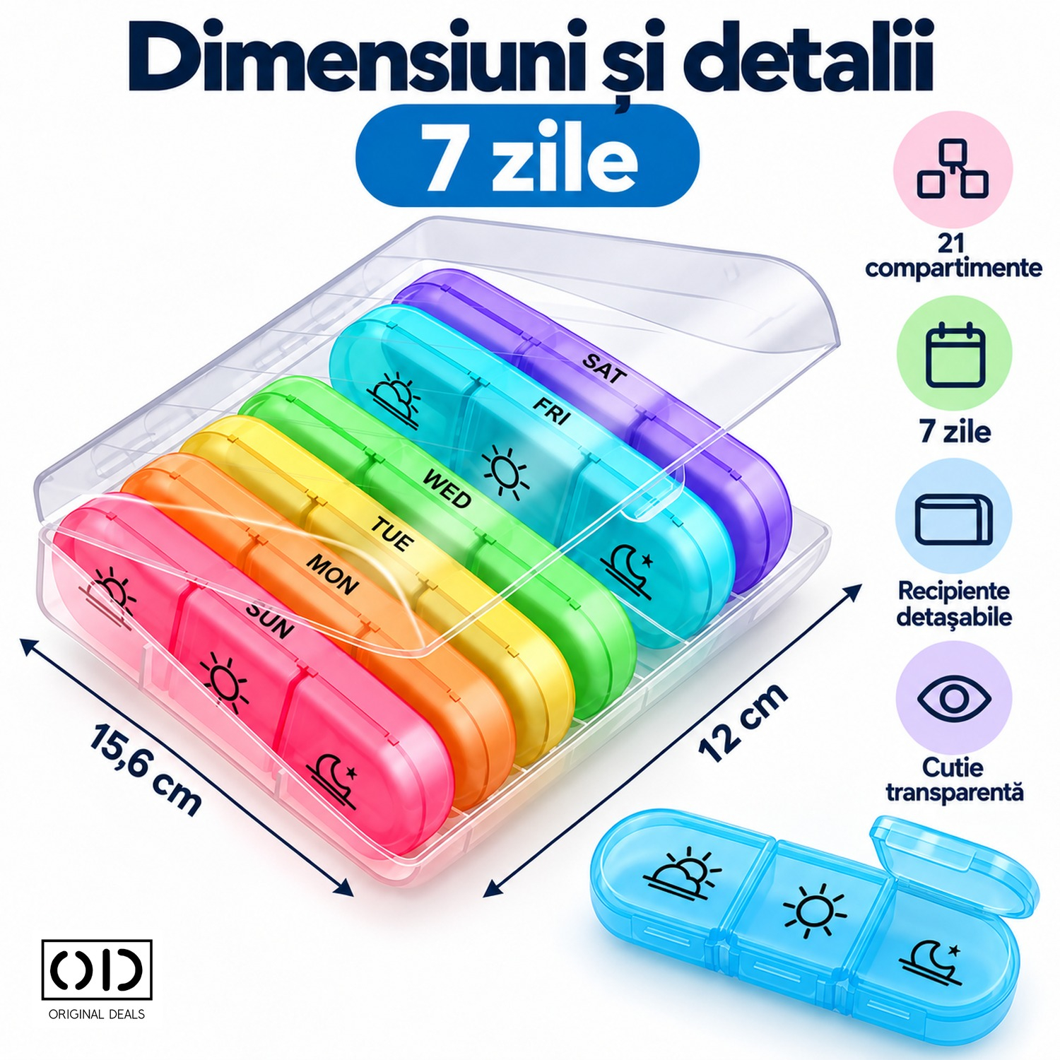 Format compact pentru păstrarea comprimatelor Dimensiuni organizator medicamente 15,6 x 12 cm