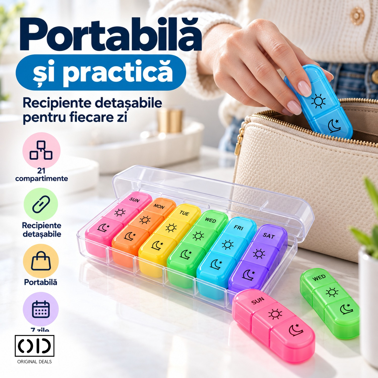 Recipient de pastile detașabil pentru o zi Recipient zilnic detașabil din cutia de pastile