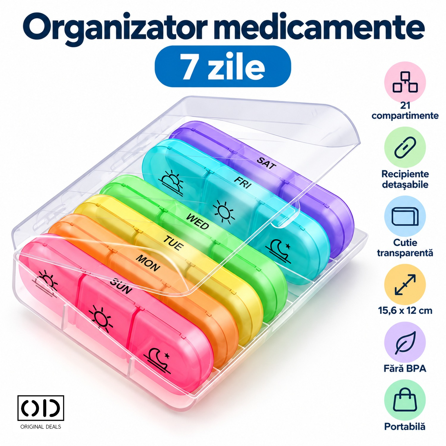 Organizator ORIGINAL DEALS pentru 7 zile Organizator de medicamente ORIGINAL DEALS cu șapte recipiente colorate