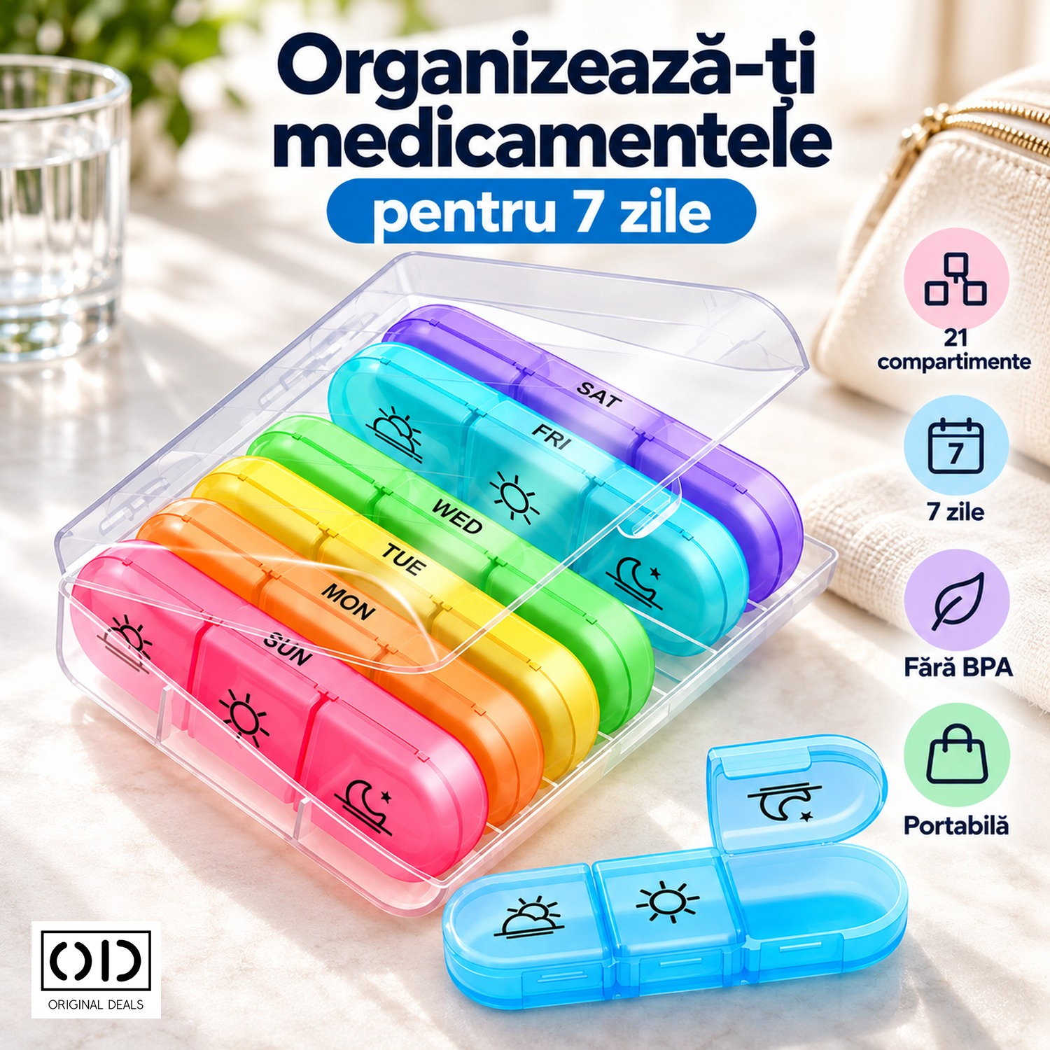 Conținut pachet: organizator săptămânal complet Set organizator pentru 7 zile cu 21 de compartimente