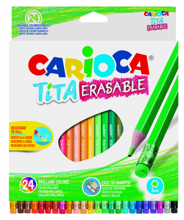 Creioane colorate CARIOCA Tita Erasable, hexagonale, flexibile, erasable, 24 culori/cutie, cu guma [1]