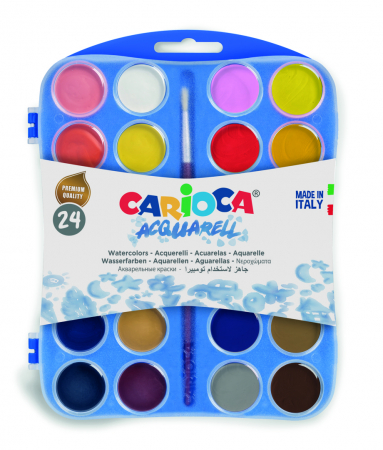 Acuarele, accesorii pictura - Acuarele lavabile, 24 culori/cutie + 2 pensule, CARIOCA Aquarell