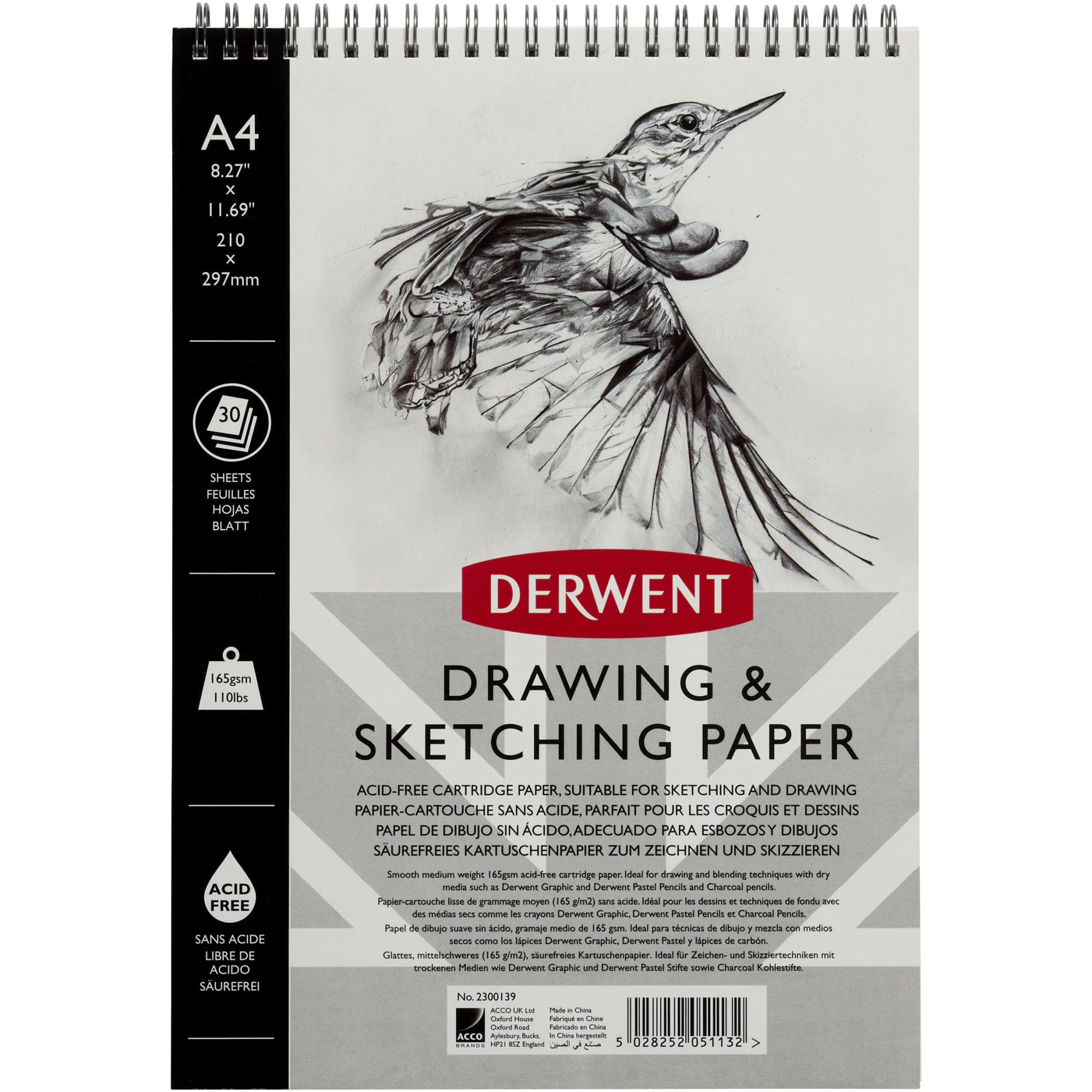 Caiet de schite - Caiet pentru schite si desen DERWENT Professional, A4, coperti rigide, spirala metalica, 30 coli - 165g/mp, hartie alba