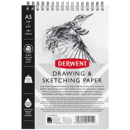 Caiet de schite - Caiet pentru schite si desen DERWENT Professional, A5, coperti rigide, spirala metalica, 30 coli - 165g/mp, hartie alba