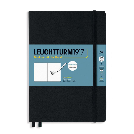 Caiet de schite - Caiet pentru schite Leuchtturm1917, A5, coperti rigide, negru, cu elastic, 56 coli - 150g/mp, hartie alba