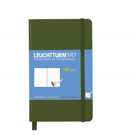 Caiet de schite - Caiet pentru schite Leuchtturm1917, A6, coperti rigide, verde army, cu elastic, 48 coli - 180g/mp, hartia alba