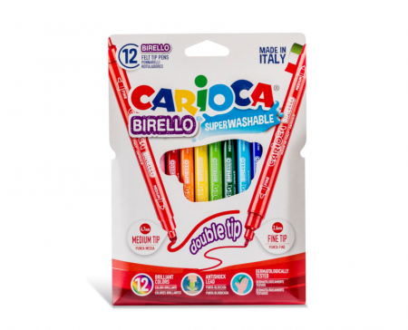 Carioci - Carioca super lavabila, cu 2 capete, varf subtire/gros, 12 culori/cutie, CARIOCA Birello
