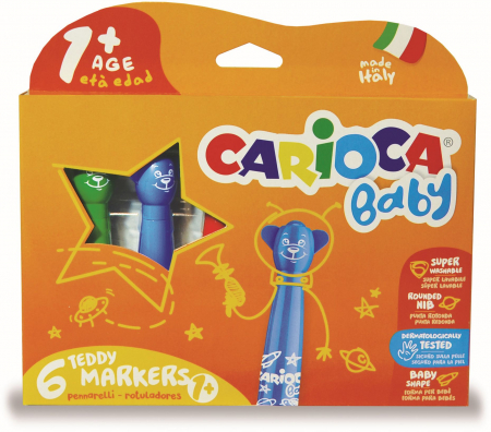 Rechizite scolare - Carioca super lavabila, varf rotunjit special, 6 culori/cutie, CARIOCA Baby Teddy 1+