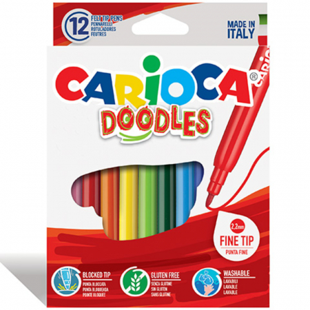 Carioci - Carioca super lavabila, varf subtire - 2.2mm, 12 culori/cutie, CARIOCA Doodles