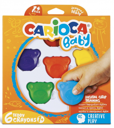 Creioane colorate - Creioane cerate, forma - cap Teddy Bear, 6 culori/cutie, CARIOCA Baby Teddy Crayons 1+