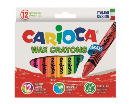 Creioane colorate - Creioane cerate, rotunde, lavabile, D-12mm, 12 culori/cutie, CARIOCA Wax Crayon Maxi