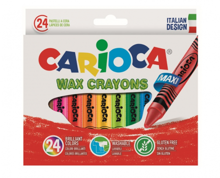 Creioane colorate - Creioane cerate, rotunde, lavabile, D-12mm, 24 culori/cutie, CARIOCA Wax Crayon Maxi