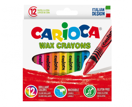 Creioane colorate - Creioane cerate, rotunde, lavabile, D- 8mm, 12 culori/cutie, CARIOCA Wax Crayons