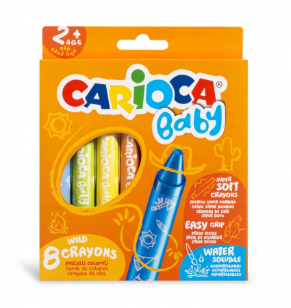 Rechizite scolare - Creioane cerate, rotunde, solubile in apa, 8 culori/cutie, CARIOCA Baby Wild Crayons 2+