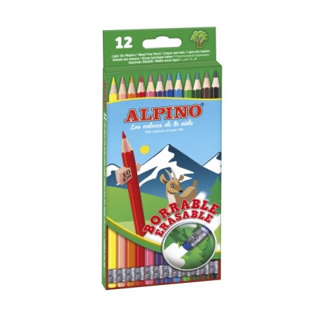 Creioane colorate - Creioane colorate cu guma, cutie carton, 12 culori/set, ALPINO Erasable