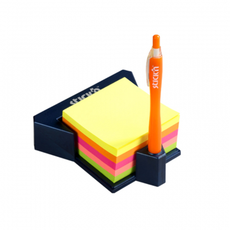 Notesuri autoadezive, cuburi din hartie - Cub autoadeziv cu suport, 76 x 76 mm, 400 file, Stick"n - 5 culori neon