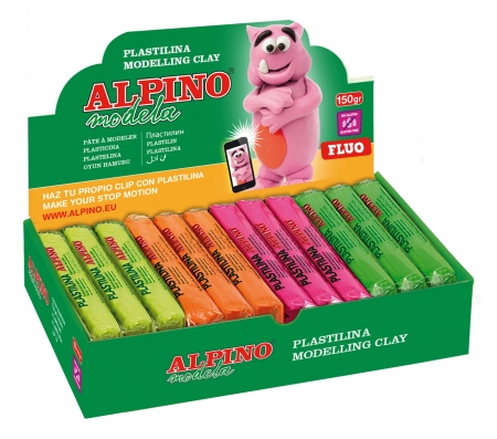 Plastilina, pasta de modelat - Display plastilina fluorescenta, 12 x 150gr./display, ALPINO - 6 culori asortate