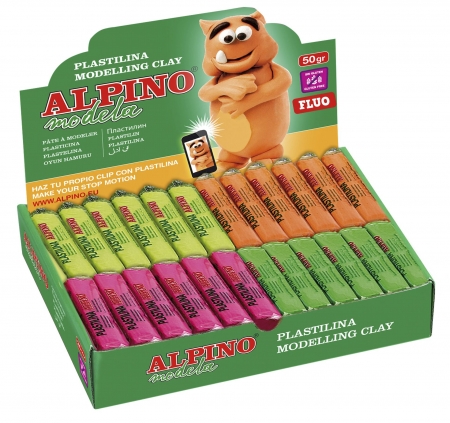 Plastilina, pasta de modelat - Display plastilina fluorescenta, 24 x 50gr./display, ALPINO - 6 culori asortate