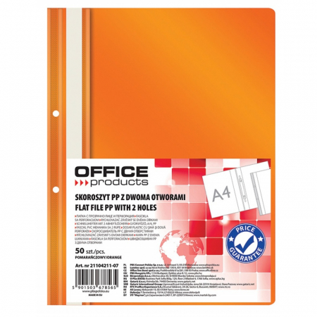 Organizare si arhivare - Dosar plastic PP cu sina, cu gauri, grosime 100/170microni, 50 buc/set, Office Products - orange