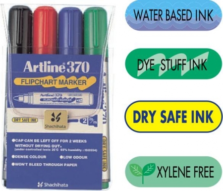 Prezentare si afisare - Flipchart marker ARTLINE 370 - Dry safe ink, corp plastic, varf rotund 2.0mm, 4 culori/set