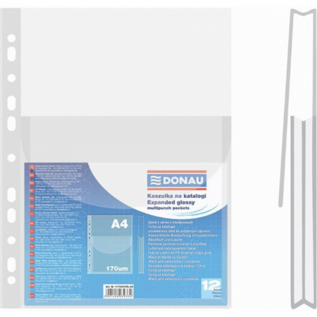Folii simple pentru protectie documente - Folie protectie documente A4, cu burduf 20mm, PP - 170 microni, cu clapa verticala, 12/set, DONAU