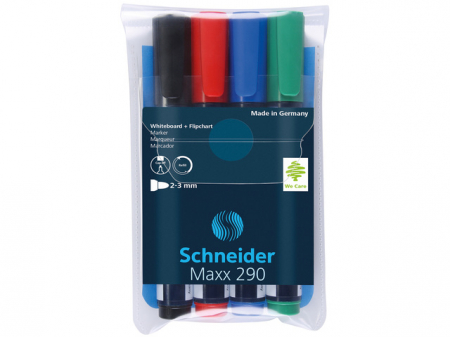 Markere pentru tabla si flipchart - Marker SCHNEIDER Maxx 290, pentru tabla de scris+flipchart, varf rotund 2-3mm, 4 cul/set - (N,R,A,V)