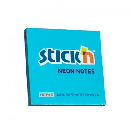 Produse din hartie - Notes autoadeziv 76 x 76 mm, 100 file, Stick"n - albastru neon