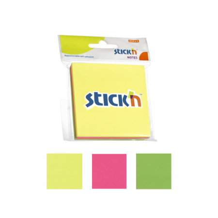 Notesuri adezive, cuburi din hartie - Notes autoadeziv 76 x 76 mm, 3 x 50 file/set, Stick"n - 3 culori fosforescente