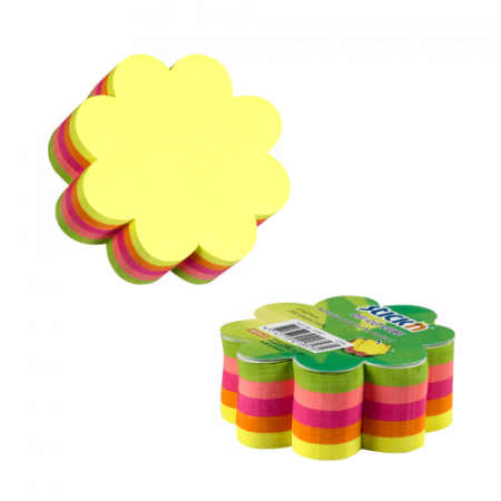 Notesuri adezive, cuburi din hartie - Notes autoadeziv Die-Cut - floare, 67 x 67 mm, 5 x 50 file/set, Stick"n - 5 culori fluorescente