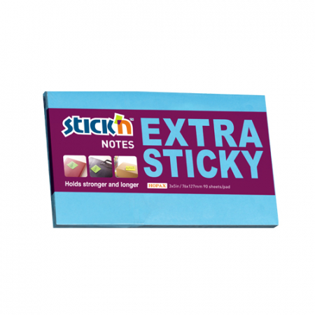 Notesuri adezive, cuburi din hartie - Notes autoadeziv extra-sticky 76 x 127mm, 90 file, Stick"n - albastru neon